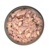 Open can of Kakato Salmon & Tuna pet food showing shredded fish pieces in water